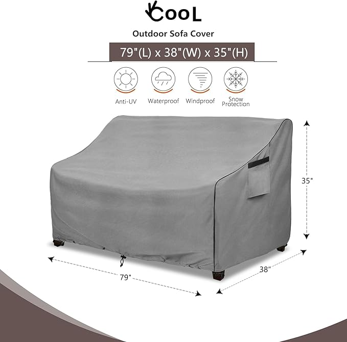 okcool Heavy Duty Patio Sofa Cover, 100% Waterproof 3-Seater Outdoor Sofa Cover Fits up to 79W x 38D x 35H Inches, Lawn Patio Furniture Covers,Grey