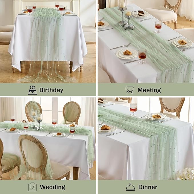 Fanami 1 Pack Pearl Table Runner -10FT Sage Green Boho Tulle Table Runners 120 Inches Long Rustic Sheer Lace Fabric Centerpieces for Wedding Arch Birthday Party Bridal Veil Baby Shower Decorations