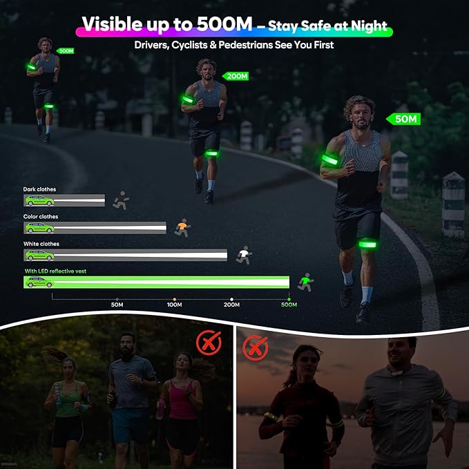 LED Armband for Running Walking Cycling, Multicolor Light Up Armband with Battery Indicator, Rechargeable Running Lights Safety Band for Night Visibility,Adjustable Reflective Gear for Adults & Kids