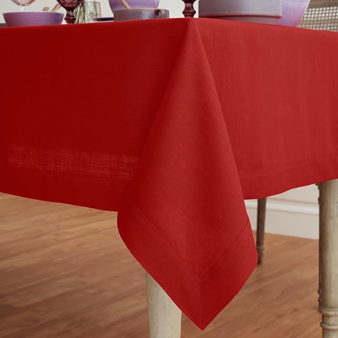 Solino Home Linen Red Tablecloth 60 x 156 Inch - 100% Pure Linen Rectangular Tablecloth - Machine Washable Table Cloth for Christmas, Fall, Autumn - Fete