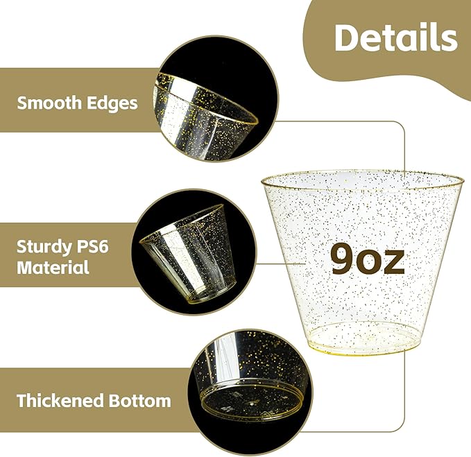 [200 Pack] 9oz Plastic Cups with Gold Glitter Sturdy & Food Safe Plastic Wine Glasses Disposable Cups Party Wedding Cups Cocktail Glasses for Wine, Juice & Cold Beverages