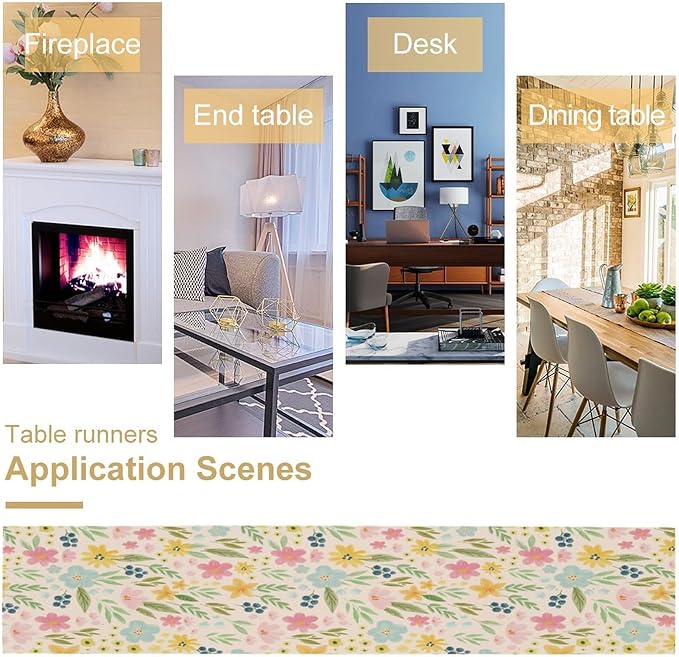 Floral Table Runner, Boho Style Watercolor Flower Green Leaf Plant Rectangle Table Decoration for Dining, Party, Holiday,13in（33cm） W * 36in（92cm） L