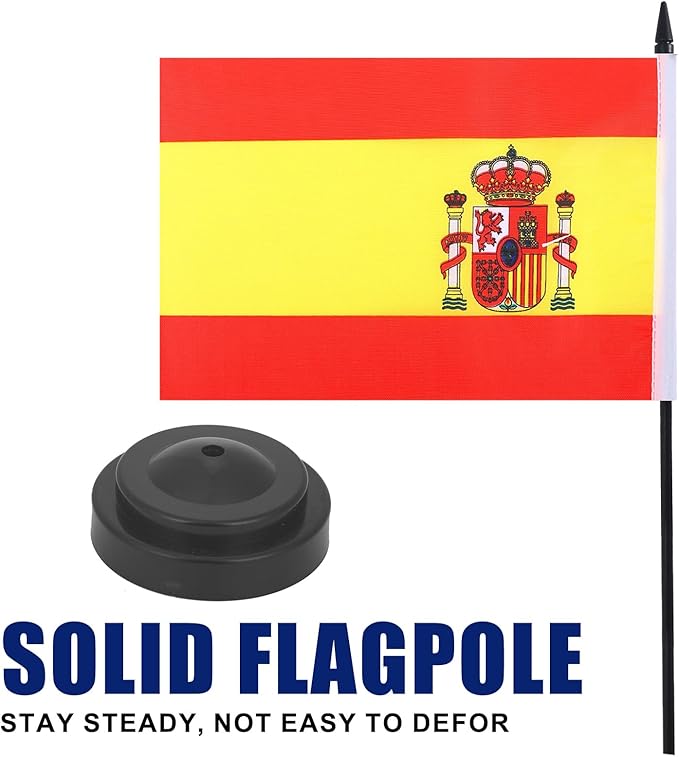 Spain Desk Flag 12" Solid Pole Deluxe Set Spanish Flags Banner Mini Small Spain Office Table Flags with Black Stand Base Desktop Decorations(2Pack)