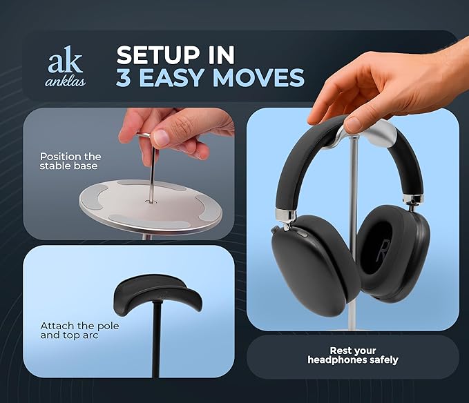 Headphone Stand for Desk – Premium & Minimalist Headset Holder with Round or Oval Base for Gaming, Office & Home (Silver, Standard)