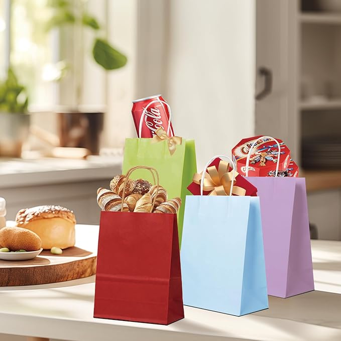 BAG BOX 100 Pack 5.9x3.1x8.25 Inch Purple Gift Bags with Handles,Bulk Kraft Paper Bags for Shopping, Retail, Merchandise, Wedding, Party Favors, Paper Grocery Sacks