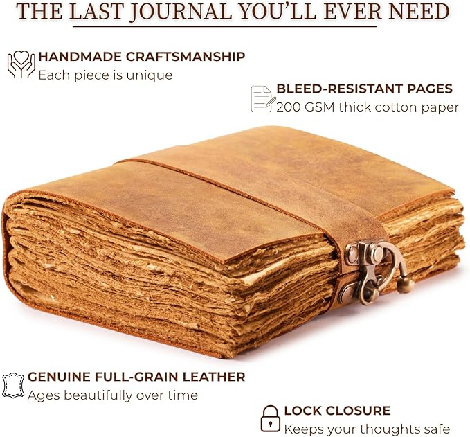 NomadCraftsCo. Vintage Leather Journal - Lock Closure, Book of Shadows, Grimoire, Witch Journal, 240 pages Antique Deckle Edge Paper