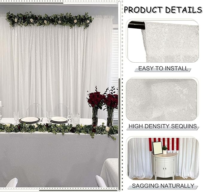 White Sequin Backdrop Curtain 2FTx8FT 4 Panels White Sequin for Parties Glitter White Backdrop Curtain for Wedding Baby Shower Photo