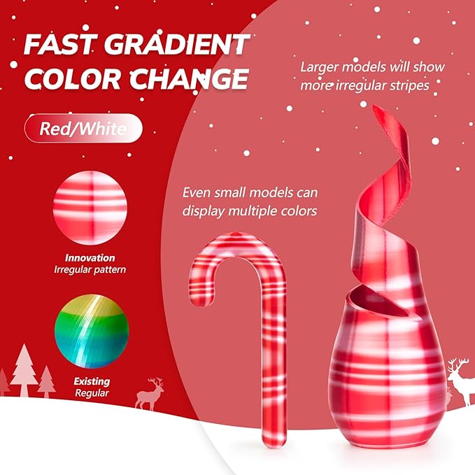 AMOLEN Silk PLA 3D Printer Filament, Shiny Multicolor Christmas Rainbow PLA Filament 1.75mm, Fast Color Change PLA 3D Printing Filament for Most FDM 3D Printer, Red White, 1kg (2.2lbs)