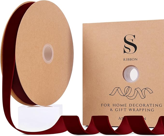 Burgundy Christmas Velvet Ribbon for Tree, Gift Wrapping, Flower Bouquet, Wreath Decorations, Bow Making 1'', 25 Yards