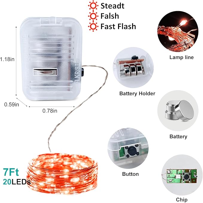 Orange Led Fairy Lights Battery Operated for Halloween, 12 Pack LED Mini String Lights, 7FT 20LED Silver Wire Firefly Starry Moon Light for DIY Fairy String Light Indoor for Halloween Party Decor