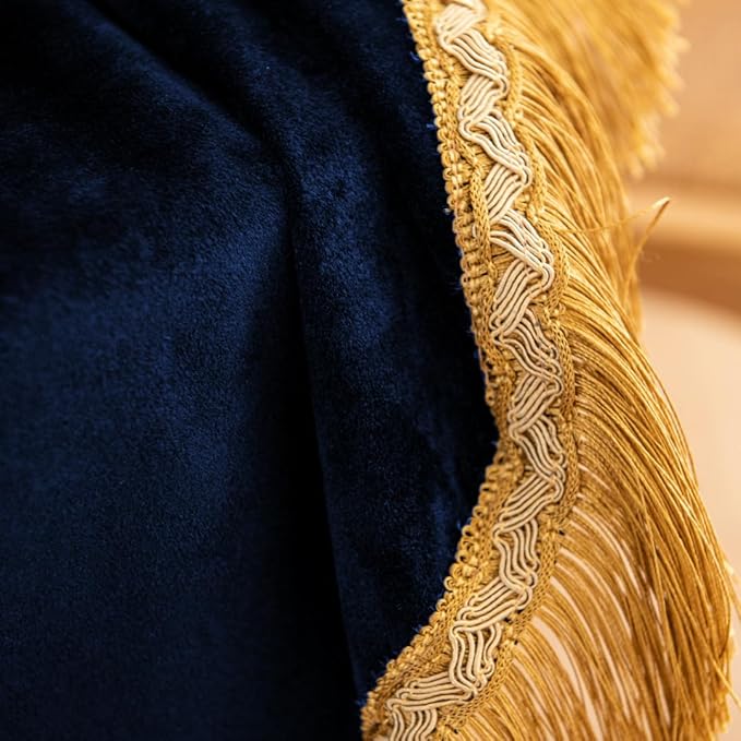 F-CHU Small Square Velvet Tablecloth with Beautiful Gold Tassels Vintage Table Cloth for Home Decor Wedding, Party, Banquet and Events 36x36-Inch，Blue