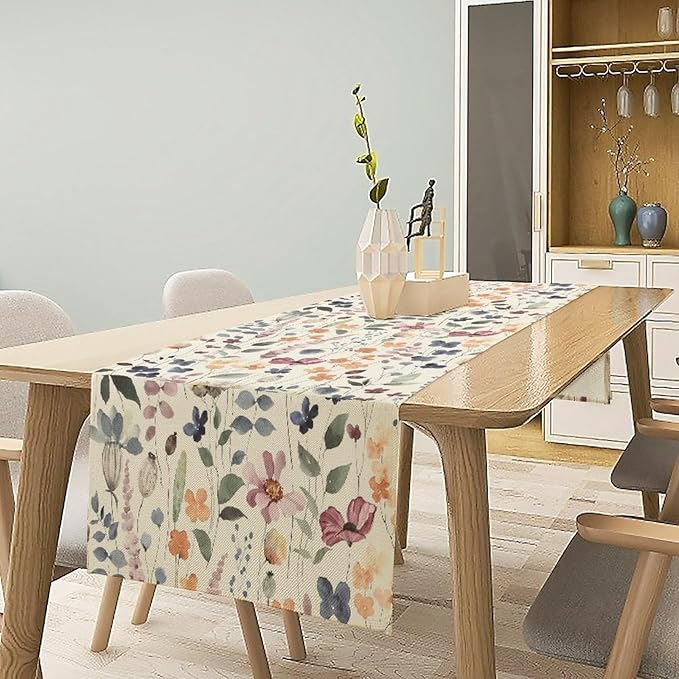 Watercolor Floral Table Runner, Vintage Colorful Floral Natural Style Pattern Decorative Home Restaurant Kitchen Rectangle Table Runner,13in（33cm） W * 120in（305cm） L