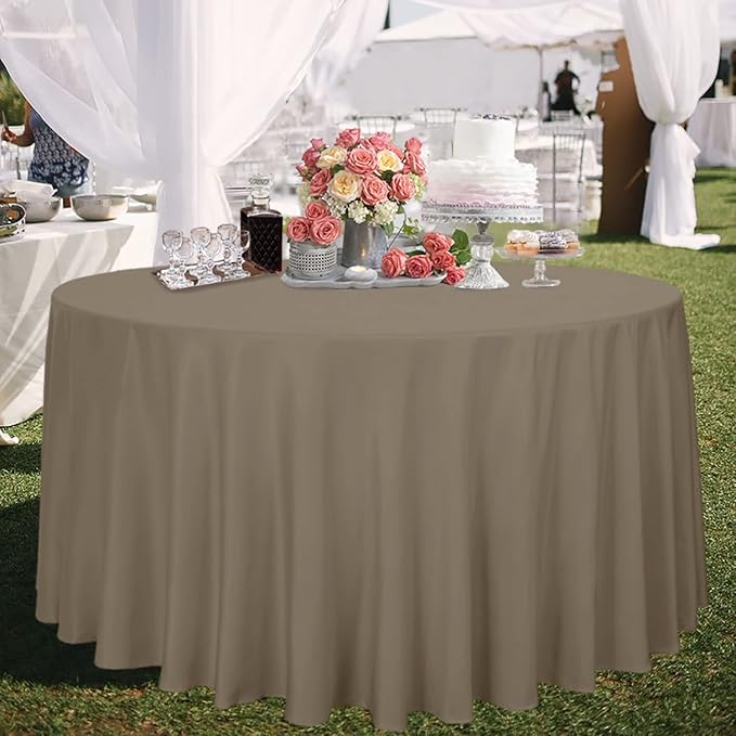 sancua Round Tablecloth - 120 Inch - Water Resistant Spill Proof Washable Polyester Table Cloth Decorative Fabric Table Cover for Dining Tables, Buffet Parties and Camping, Taupe