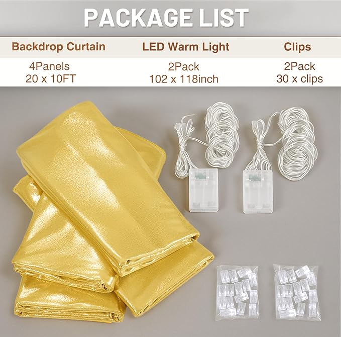 PartyVillage 20x10FT Gold Sequin Backdrop Curtain with String Lights – 4 Panels 5x10FT Sparkly Wrinkle-Free Glitter Backdrop Drapes for Birthday, Wedding, Photography, Graduation Party Décor