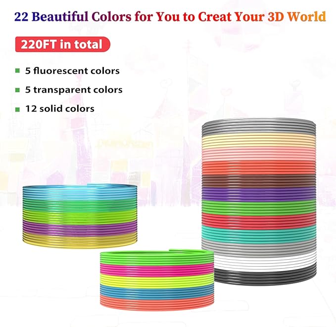 22 Colors 3D Pen Filament 1.75mm PLA, Each Color 10 Feet, Total 220 Feet 3D Pen Filament Refills 3D Printing Pen Refills with High-Precision Diameter Not Compatible with 3Doodler Pen