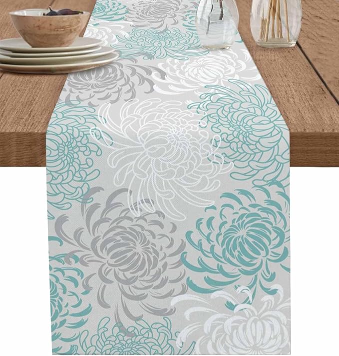 Auqa Chrysanthemum Cotton Linen Table Runner for Dining Kitchen, Wedding Outdoor Party Tablerunners Decoration, Farmhouse Floral Botanical Leaves Dresser Scarf Coffee Tablecloth Runners 13x72 Inches