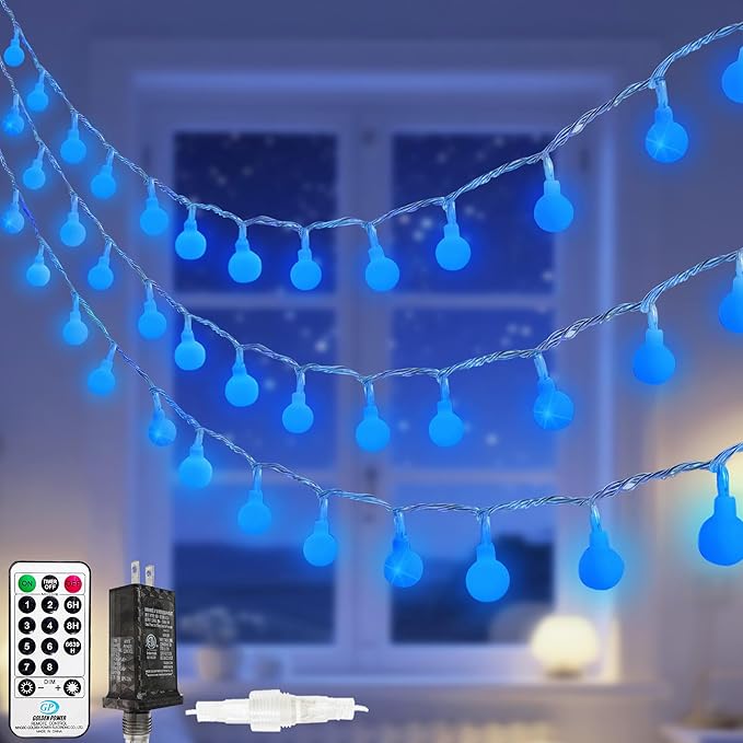 100LED Blue Connectable String Lights Indoor Outdoor for Bedroom, 43ft Christmas Lights with Remote & Timer, Plug in 8 Modes Waterproof Globe Fairy Light for Christmas Decor Room Classroom Wedding