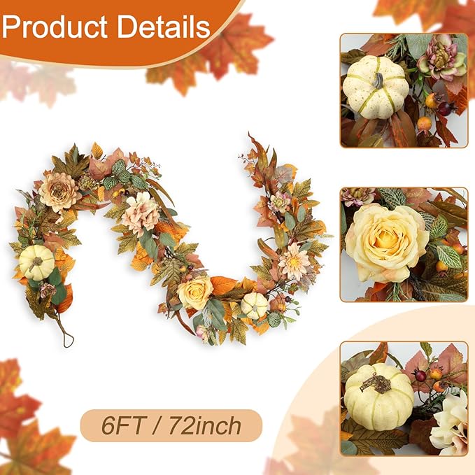 Fall Garland, 6 FT Pumpkin Garlands, Fall Leaves Garland for Table Centerpiece Door Window Fireplace Home Indoor Outdoor Fall Decorations