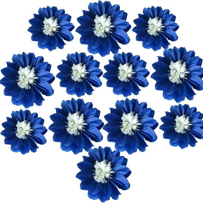 12pcs 10in 12in Paper Flowers Tissue Flowers Pom Paper Pom Poms Hanging Paper Flowers Wall Backdrop Wedding Party Flower Decorations DIY Art Craft Blooms for Birthday Shower Nursey Decor Royal Blue