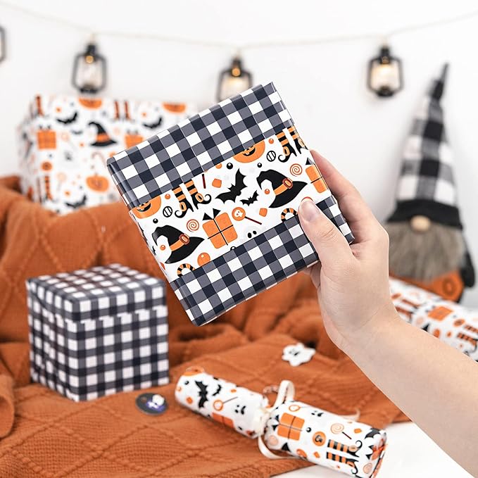LeZakaa Halloween Wrapping Paper, Cute Pumpkin Witch Bat Candy Print, Buffalo Black White Plaid Reversible Design for Halloween, Nightmare before Christmas Holiday, Party, 17 inches x 32.8 Feet