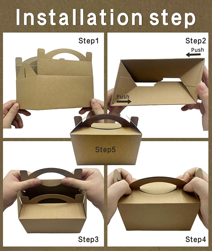 30-Pack Kraft Brown Gable Treat Boxes with Handles, 6" Pop-Up Party Favor Gift Boxes for Birthday, Wedding, Baby Shower, Eco-Friendly Candy, Cookie, Goodie Bags for Kids, Bachelorette Decor