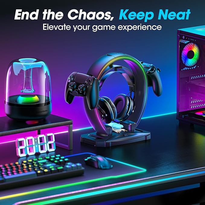 KDD RGB Headphone & Controller Stand with 9 Light Modes - Foldable Controller Hanger for Desk - Earphone Stand with Cable Organizer - for Gamers Desktop Accessories