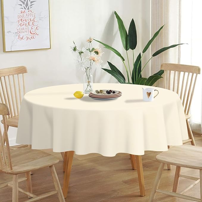 QIKSION Ivory Round Tablecloth 3 Pack, 84 Inch Plastic Table Cover Disposable for Parties
