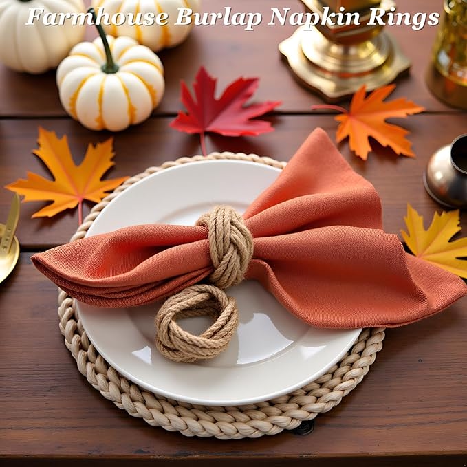 Woven Napkin Rings Set of 48, Mgrlfbl Farmhouse Burlap Napkin Ring for Holiday Dinner Birthday Wedding Thanksgiving Christmas Banquet Party of Table Setting Decorations(Yute 48)