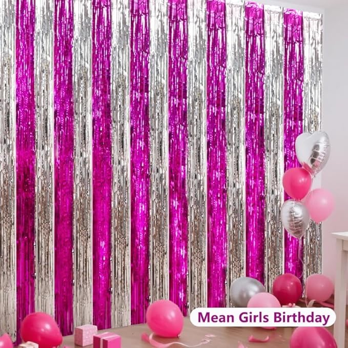 BEISHIDA Hot Pink Silver Door Streamers Backdrop Foil Fringe Tinsel Party Streamers Curtains Photo Backdrop - 2Pcs for Girl Birthday Valentines Graduation Bachelorette Party Decoations