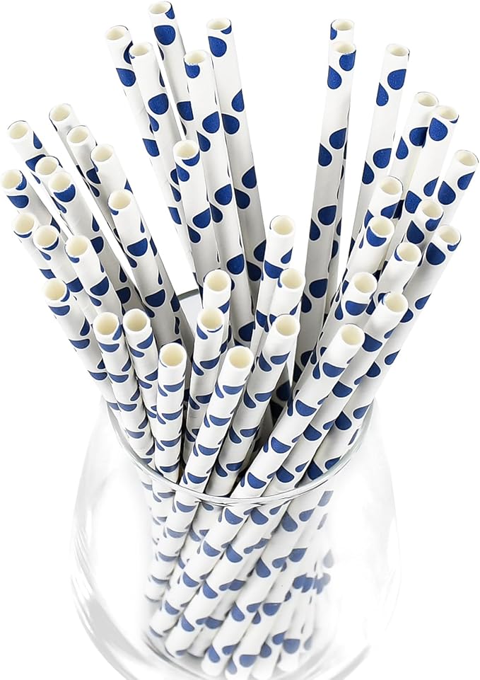 100 Counts Blue Polka Dots Paper Disposable Drinking Straws 7.75 inch, 0.24" Dia. - for Cocktail, Juice, Bar, Restaurant