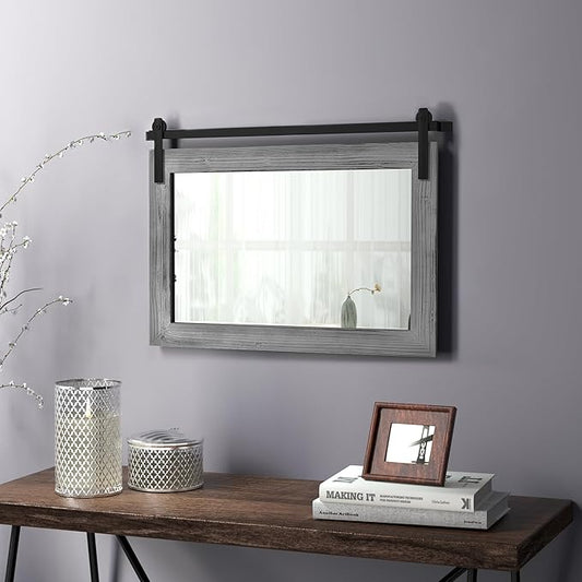 COGOOD Farmhouse Barn Door Mirror - 25" x 18" Rustic Wood Framed Decrative Mirror for Bathroom, Living Room, Entryway Wall Decor (Grey)