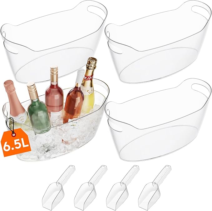 Lifewit Large 6.5L Ice Bucket for Parties 4 Pcs (in 1 Package), Portable Drink Bucket for Cocktail Bar, Plastic Champagne Cooler for Beverage/Wine/Beer, Mimosa Bar Supplies Chiller Tub with Scoop