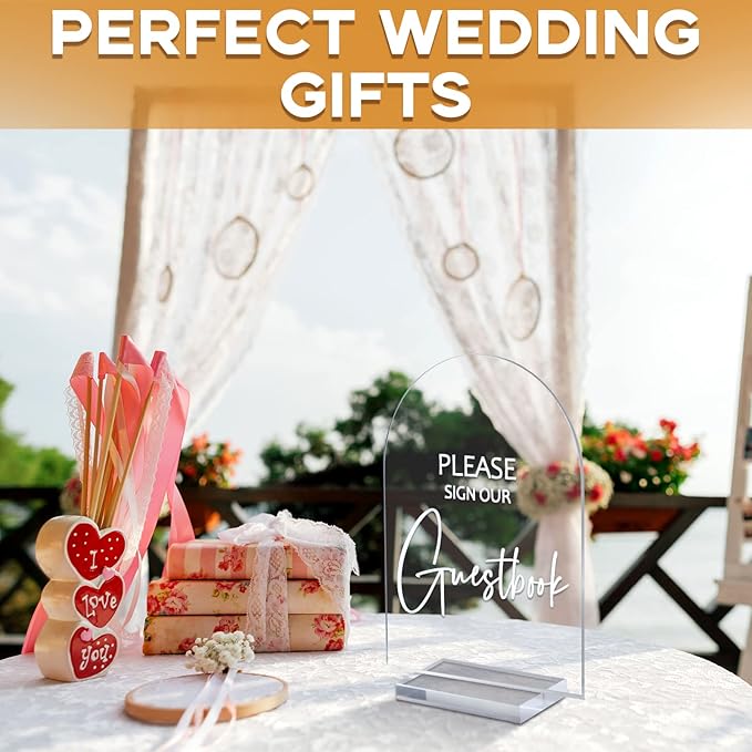 Chunful 4 Pcs Clear Acrylic Wedding Sign with Stand for Ceremony Reception 5 x 7 Guest Book Cards and Gifts In Loving Memory Favors Please Take One Table Sign for Wedding(Elegant White,Fresh Style)