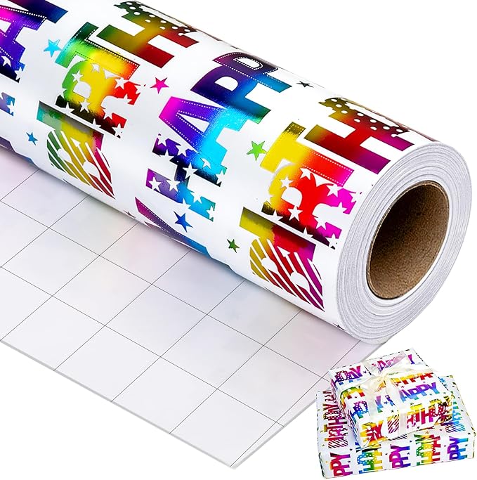 Yarcony Birthday Wrapping Paper Roll, Mini Roll Gift Wrapping Paper, Colorful Foil Girl Happy Birthday Gift Wrap Rainbow Present Paper for Boys Girls, Holiday,Party,Baby Shower(17 Inch X 16.5 Feet)