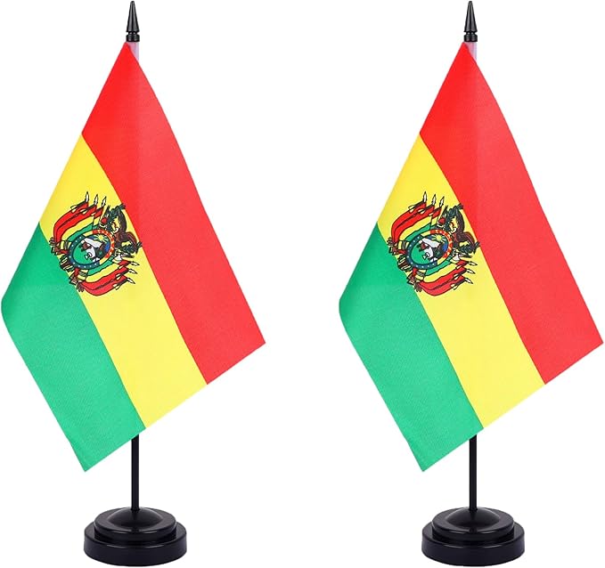 WXTWK 2 Pack Bolivia Flag Bolivia Deluxe Desk Flag Set - Mini Small Bolivian Table Office Flags with Black 12" Solid Pole Stand Base Classroom Meeting Desktop Decorations
