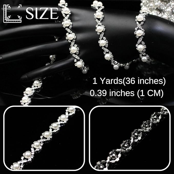 1 Yard Pearl Trim Chain Rhinestone Silver String Crystal Applique Fringe Ribbon Strips Beads Sewing Dress DIY Party Wedding Bouquet for Decoration Bridal Costume Embellishment