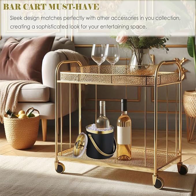 Ice Bucket with Lid, Handle and Tong Black Gold Insulated Stainless Steel Champagne Bucket 2L Wine Bucket for Party Bar Cart Accessories Large Double Wall Bucket Keep Frozen