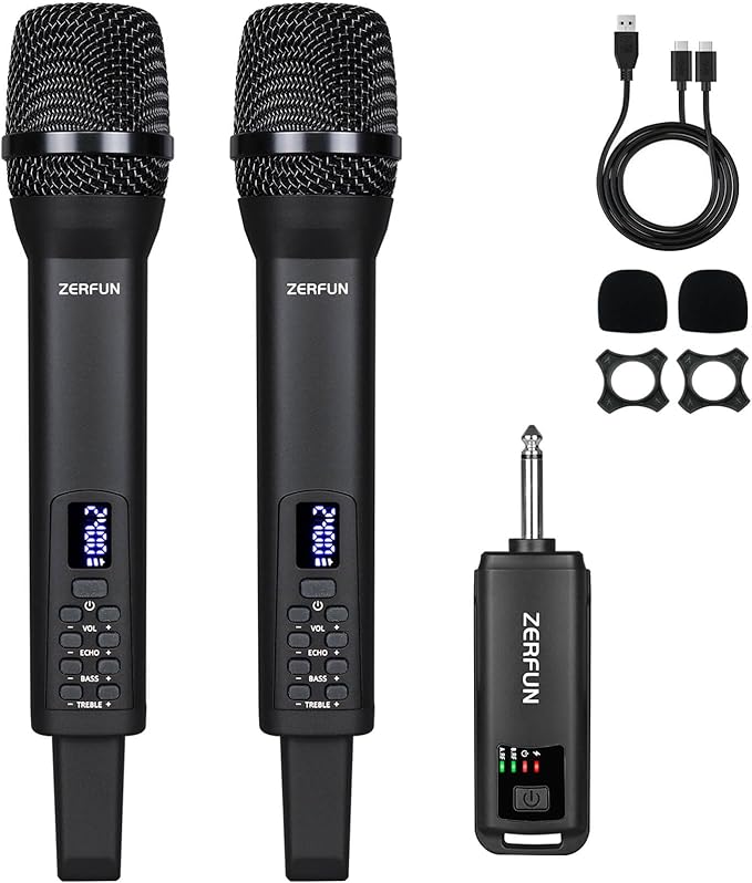 Rechargeable Wireless Microphones Dual, Pro Handheld Cordless Mics System Dynamic with Echo Treble BASS VOL Control for Karaoke Singing Church Party, 1/4'' Output, D240, Black