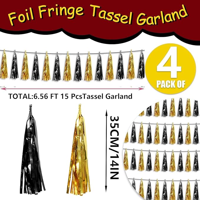 4P Black Gold Foil Fringe Tassel Banner Garland Metallic Tinsel Streamers Wall Hanging Curtain Backdrop Banner for Parade Floats, 2025 Graduation Decorations, Father's Day, New Years Party Decoration