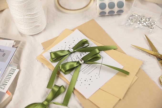 Olive Green Satin Ribbon 3/8 inch X Continuous 100 Yards, Single Face Polyester Ribbon Perfect for Gift Wrapping, Flower Bouquet, Wedding Decor, Crafts, Bow Making, Sewing and More