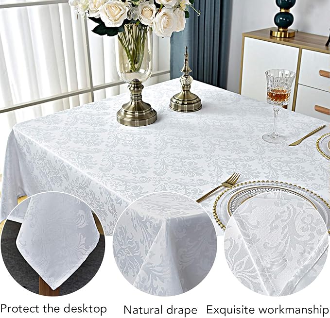 Rectangle Table Cloth - 60 x 84 Inch White Jacquard Tablecloths Damask Design Spillproof Wrinkle Resistant Shrinkproof Soft Tablecloth Polyester Oblong Table Cover for Kitchen Dinning Party Tabletop