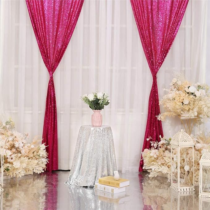 Eternal Beauty Hot Pink Sequin Backdrop Curtains, Valentine's Day Shimmer Back Drop 2Panels-2FTx8FT for Christmas, Party, Birthday, Photography, Wedding, Baby Shower Event Decoration