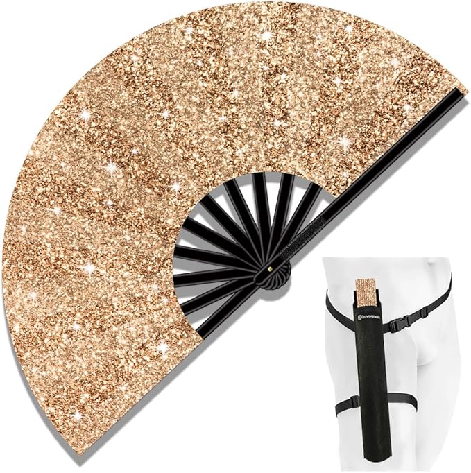 13" Large Folding Rave Fan with Holster, Clack Hand Fans Foldable for Line Dancing, Boots On The Ground Fan for Women Men Festival EDM Party Decoration, Glitter Champagne