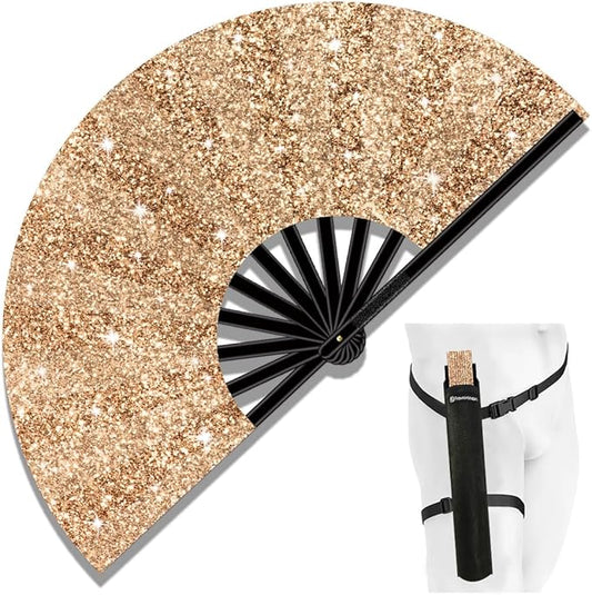 13" Large Folding Rave Fan with Holster, Clack Hand Fans Foldable for Line Dancing, Boots On The Ground Fan for Women Men Festival EDM Party Decoration, Glitter Champagne