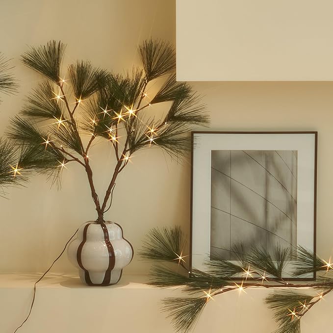 Fudios Lighted Pine Branches with Timer 32IN Battery Operated or USB Plug in, Lit Willow Branches with Lights for Christmas Fireplace Mantle Decor