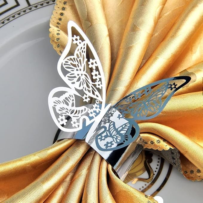 150 Pcs Napkin Rings Laser Cut Butterfly Shape Foil Paper Napkin Holder for Weddings Party Serviette Table Decoration Restaurant (Silver)