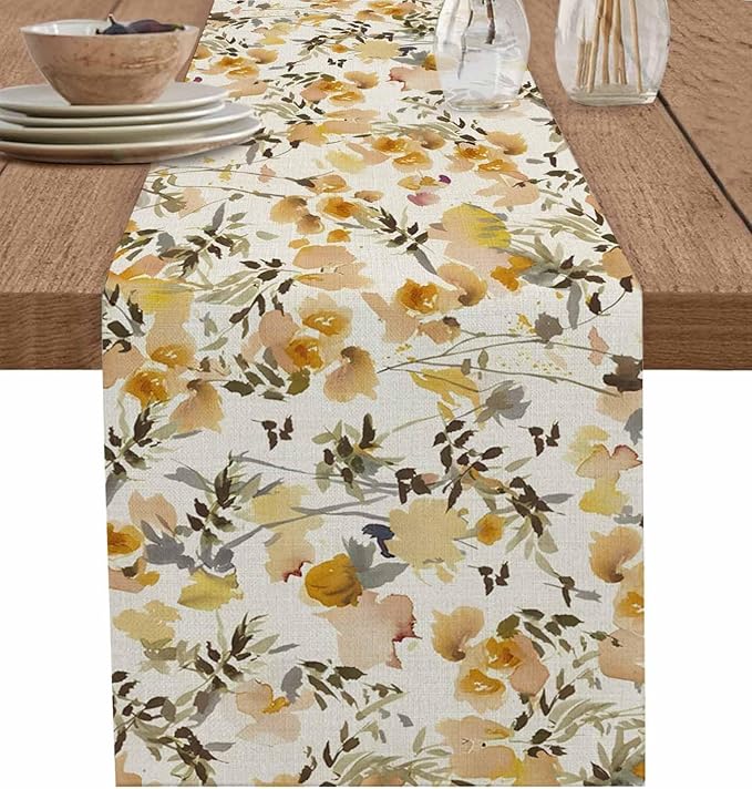 Vintage Orange Flower Cotton Linen Table Runner for Dining Kitchen, Wedding Outdoor Party Tablerunners Decoration, Farmhouse Botanical Floral Retro Dresser Scarf Coffee Tablecloth Runners 13''x108''