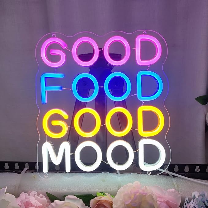 Good Food Good Mood Neon Signs for Wall Decor, Food Neon Sign Mood Neon Light for Snack Shop Restaurant Food Bedroom Room Cafe, 9.3"" x 10.2""