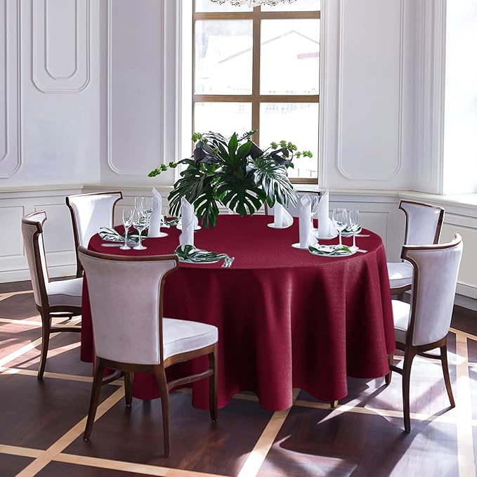 Biscaynebay Textured Fabric Christmas Round Table Cloth 132", Burgundy Water Resistant Washable Tablecloths for Outdoor & Indoor, Dining, Kitchen, Wedding & Parties