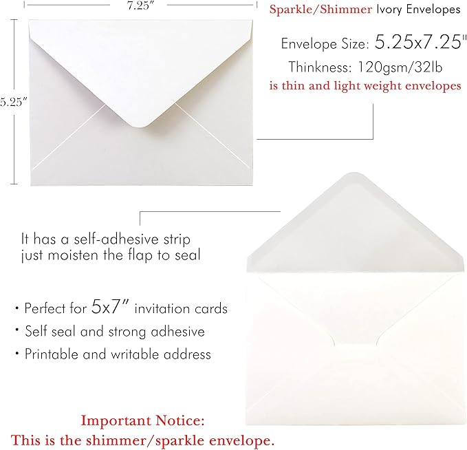 PONATIA 50 PCS/Pack A7 Envelopes, 5.25 x 7.25'' Sparkle Ivory Envelope, Perfect 5x7 Envelopes for Wedding Invitation Cards, Christmas Gift Cards Envelope, Acrylic Invitations, Photos